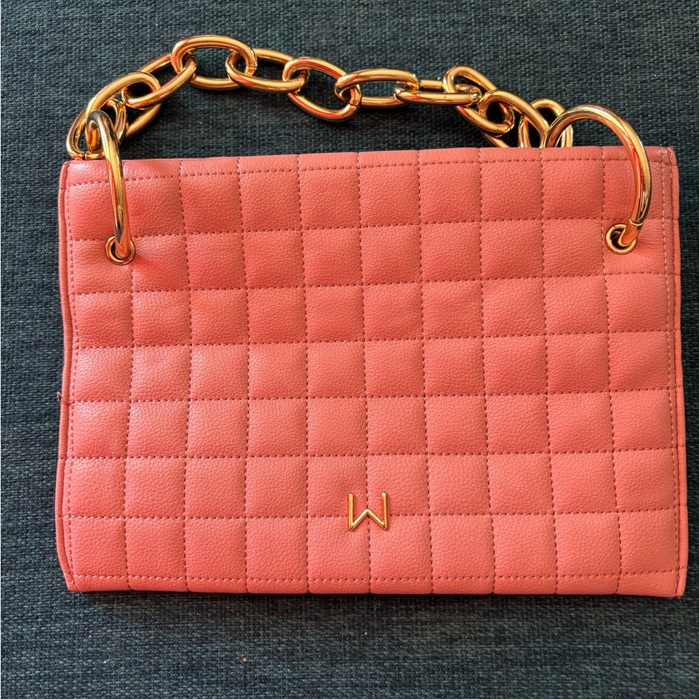 Pink and Gold Quilted Shoulder Bag with Chain Strap